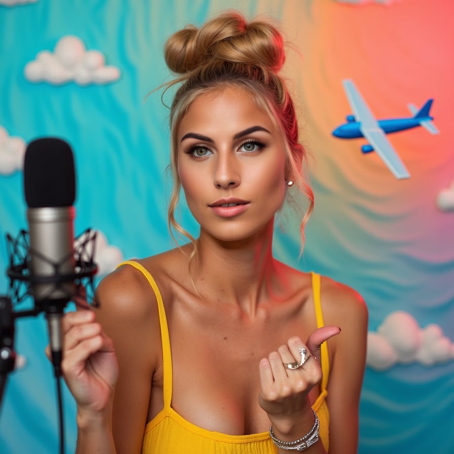 woman styled as a lifestyle or travel vlogger. She has a joyful, excited expression, possibly holding a passport or travel-related prop. The background is bright and dynamic, with patterns like waves or airplanes
