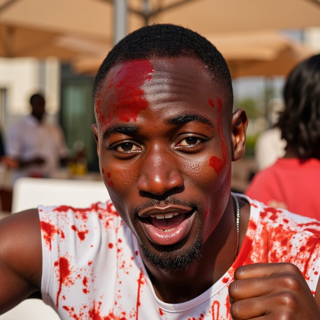 man with a playful, energetic expression, splattered with vibrant red from crushed tomatoes. His appearance is full of youthful intensity and messy charm. The background suggests a sunlit outdoor setting with warm tones and splashes of color. Lighting is bright and natural, casting crisp highlights on wet textures and enhancing the rich, saturated details. Hyper-detailed, sharp focus, vivid colors, high realism.