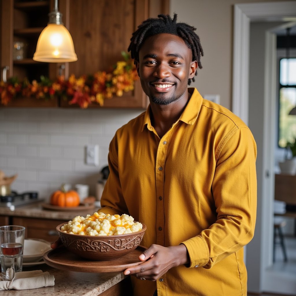 Highly realistic, highly detailed HDR image of a young Asian man (male, ~32 yrs) standing at a home kitchen island, waist-up, camera at slight side angle (~30°) from his left. He is wearing a mustard-yellow button-down flannel shirt with rolled-up sleeves and dark jeans (just barely visible), sleeves pushed up to forearms; his hair is dark brown, short on sides, slightly tousled top. Kitchen lighting: warm overhead pendant lights plus ambient daylight from a window behind the camera; soft highlights on his face and shirt. He is holding a carved-wood serving tray filled with mashed-potatoes-and-gravy bowl, slightly tilting forward as though offering it to someone. Facial detail: bright smile, teeth visible, light stubble, natural skin texture, warm brown eyes. Background: shallow depth of field blurs kitchen cabinets, a decorative pumpkin and autumn garland on the countertop behind; minimal clutter — a single glass of water and a linen napkin. Shirt fabric texture visible: flannel weave, rolled sleeves show wear. The image conveys friendly host, inviting Thanksgiving warmth.