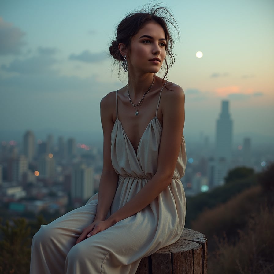 Pose: Sitting on a worn, wooden stool, with her legs crossed and her arms resting on her knees, as if lost in thought.
Expression: Contemplative, with a hint of creativity and a soft, introspective gaze.
Clothing: A flowing, bohemian-inspired dress with a loose, flowing design, evoking the feeling of a free-spirited artist.
Accessories: A pair of dangling earrings with small, sparkling stones, a delicate silver necklace, and a messy, undone hairstyle.
Background: A soft, dreamy background with a subtle gradient, evoking the feeling of a misty, moonlit night.
