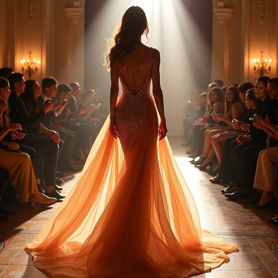 woman in a stunning, floor-sweeping evening gown, confidently strutting down a glamorous catwalk, surrounded by flashing cameras and a crowded audience, under the bright lights of a high-end fashion event.
