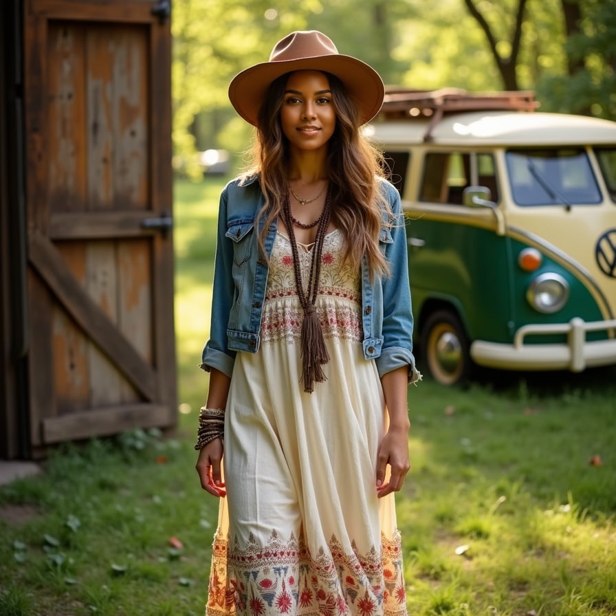 woman in a flowing,  bohemian dress with a floppy hat and layered necklaces, standing in a lush, green outdoor setting with a rustic wooden door or a vintage van in the background, warm, golden lighting.