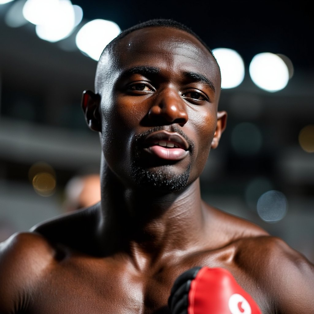 Close-up portrait of a male sprinter with clenched jaw and racing gloves on, under tunnel lights before entering the arena — raw pre-race energy