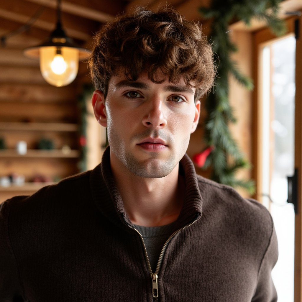 Waist-up portrait of a man inside a wooden cabin decked with subtle Christmas décor. He leans lightly against a wooden beam, hands relaxed at his sides, calm stillness. He wears a dark brown lambswool quarter-zip sweater with visible fiber fuzz, zipper glinting softly.
Hair: messy textured waves; short beard.
Lighting: warm cabin lantern light from camera-left, with a cooler outdoor window glow from behind for contrast.
Background: blurred cabin shelves with pine garland and a couple of minimal ornaments; clean, uncluttered, warm tones.
Camera: 70mm f/2, slight upward angle to add cabin grandeur; highly detailed, highly realistic, HDR showcasing wool texture and wood grain.
