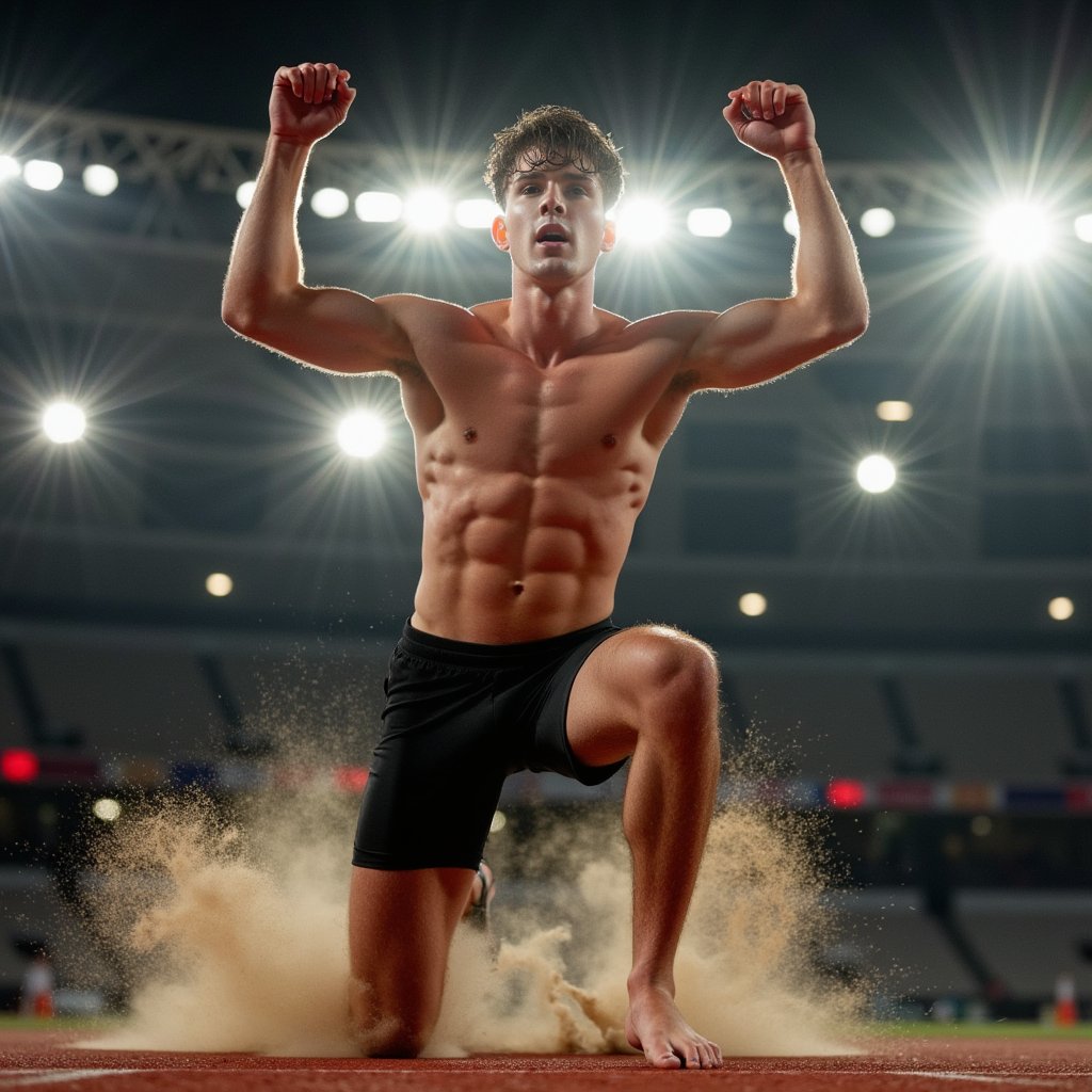 Knee-up portrait of a high jumper mid-celebration after a successful jump, arms raised, dust rising around feet, bright stadium lights in back