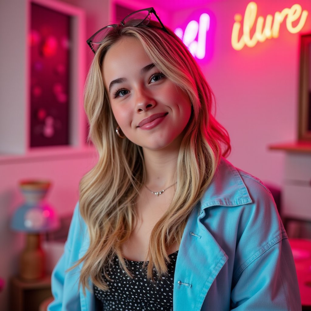 woman with a bold, joyful presence, styled with a colorful pop aesthetic. The lighting is soft and luminous, filled with warm pink hues and subtle neon glow. Her look reflects youthful creativity and effortless cool. The background includes retro-inspired textures and minimal geometric elements. Hyper-detailed, bright tones, expressive mood, high clarity.