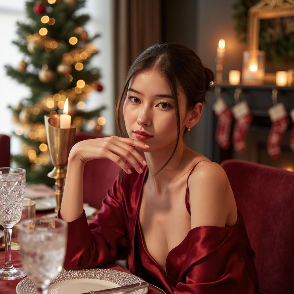 A close-up portrait of a woman seated at an elegantly set Christmas dinner table, chin resting lightly on her hand, eyes toward camera, half-smile. Hairstyle: neat bun with a few tendrils, small diamond stud earrings. Attire: crimson satin dress with off-shoulder neckline, subtle shimmer. Fabric details: satin reflection, delicate stitch definition, gleam from candlelight. Camera: close 85mm portrait, f/1.4 for dreamy shallow DOF. Lighting: candlelight key + dim ambient fill; warm and moody. Background: blurred crystal glassware, soft golden bokeh from tree lights; no visible clutter. Render: highly detailed, highly realistic, HDR; lifelike skin sheen from candle reflection, crisp catchlights.