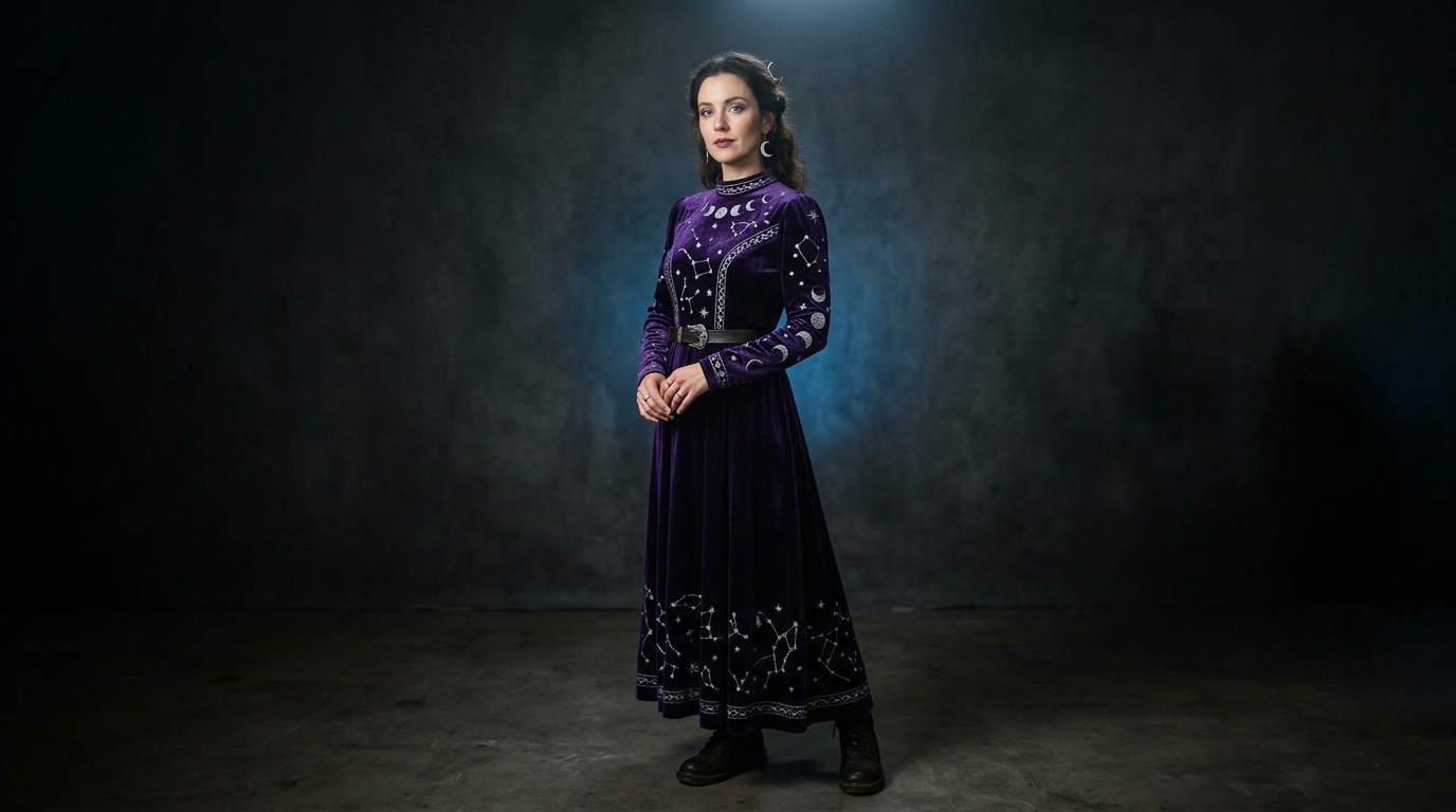 Cosmic witch costume in violet velvet with silver details