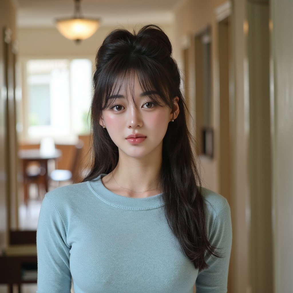 Ultra-realistic 1960s senior girl portrait, shot waist-up with an 85mm lens, shallow depth of field. She wears a fitted pastel blue wool sweater with a fine ribbed neckline, the weave visible in high resolution. Hair is styled in a high beehive, perfectly teased and pinned, with curled ends framing her jawline. A thin gold chain necklace with a small locket rests against the sweater, catching a pinpoint of light. Her eyes are hazel with natural light catch, lashes thickened with mascara, and a faint winged eyeliner. Skin shows lifelike texture — fine peach fuzz near the temples, soft freckles on the cheeks, and a natural sheen across the T-zone. Lips are lightly glossed pink, corners slightly upturned. Studio three-point lighting with a warm fill on the left, giving depth to cheek contours. Background is a smooth taupe muslin, blurred for subtle tonal gradient.