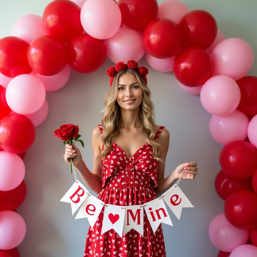 A model standing under an archway made of red and pink balloons, holding a "Be M