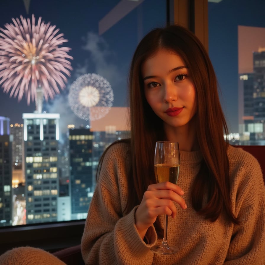 Highly realistic, HDR AI-generated New Year headshot, shoulders-up framing. A woman sitting comfortably indoors on New Year night, relaxed and confident expression. Wearing cozy yet stylish festive attire. Hair naturally styled, skin detailed and glowing. Holding a champagne flute lightly. Fireworks visible through a window behind her, city lights glowing softly. Warm indoor lighting mixed with cool festive colors outside. Clean composition, face fully visible, shallow depth of field. Ultra high resolution, candid New Year celebration feel.