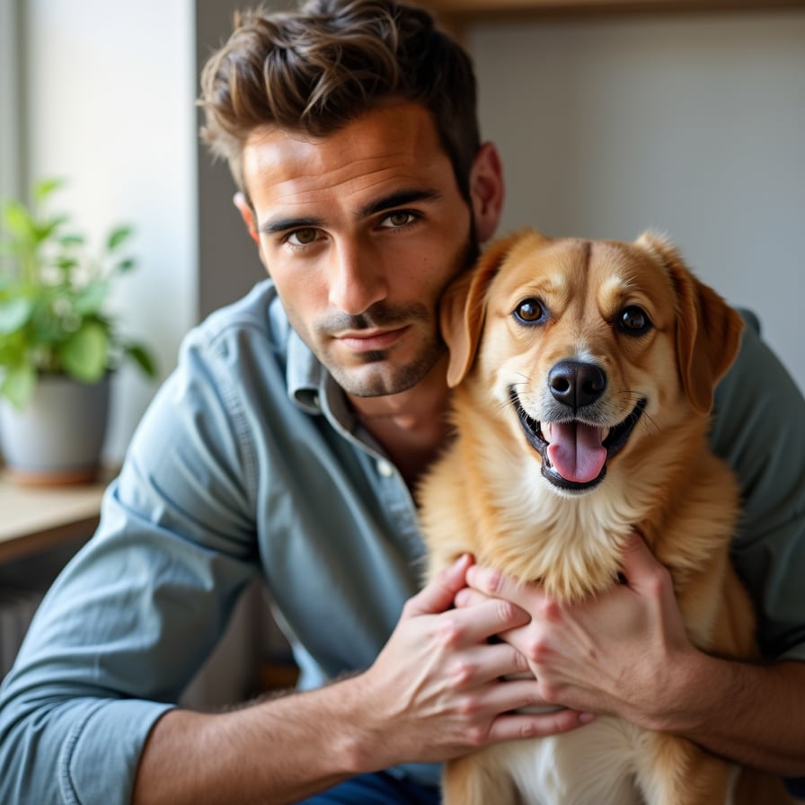 man petting a cute dog, wearing casual weekend attire, with a warm smile, under soft natural light in a cozy home setting