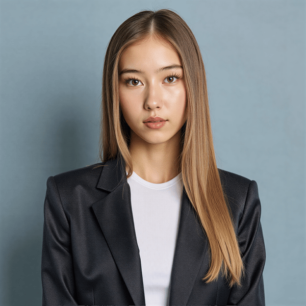A highly detailed, highly realistic HDR passport-style headshot of a woman in her early 30s with fair skin. She has long, smooth blonde hair tied neatly into a mid-height ponytail with no loose strands. She wears a fitted charcoal gray blazer over a simple matte white top. Lighting is cool-toned, evenly balanced, eliminating all shadows and giving a crisp, clean complexion. The background is a uniform pale blue-gray, completely smooth and shadow-free. Camera is exactly at eye level, straight-on, with her expression neutral and relaxed. The image captures fine details such as the subtle texture of the blazer, soft highlights on her hair, and natural facial detail. Minimalistic, sharp, and fully compliant with formal ID standards.