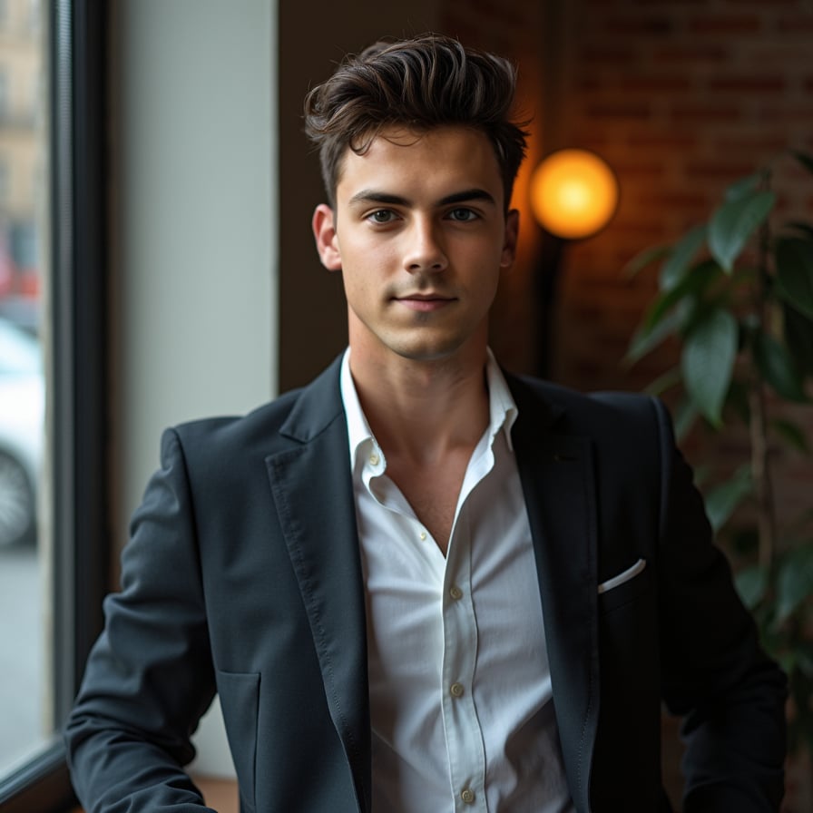 confident man with a modern, polished look. He has a sophisticated charm, wearing a tailored blazer or casual smart attire, with soft natural lighting enhancing his features. The pose is relaxed yet poised, exuding professionalism and approachability