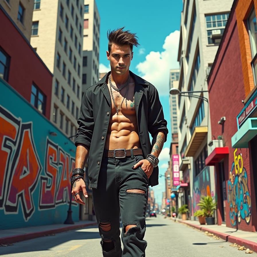 man wearing modern, fashionable attire, walking down a lively urban street, surrounded by towering skyscrapers and bustling city life, under the warm glow of afternoon sunlight.