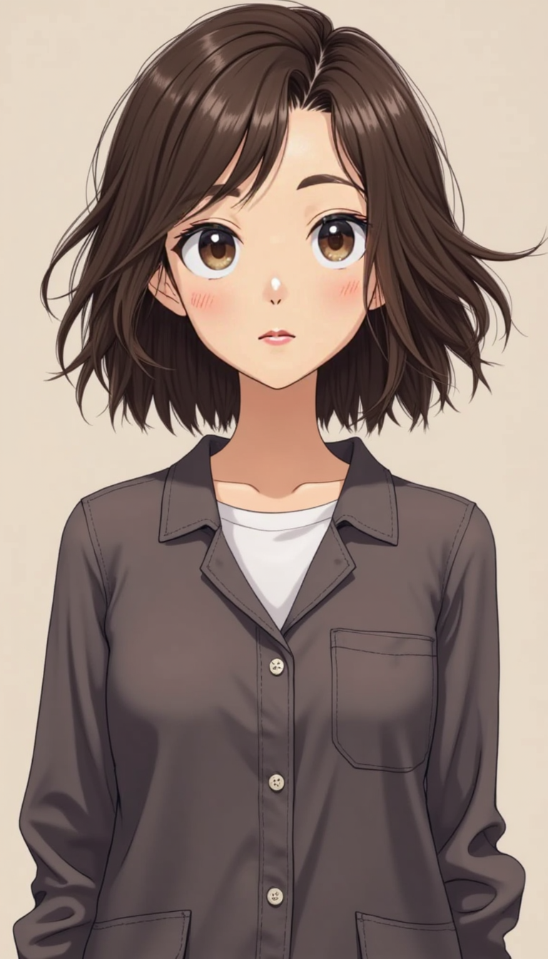 A smiliing woman depicted precisely as a character from one of Studio Ghibli's f