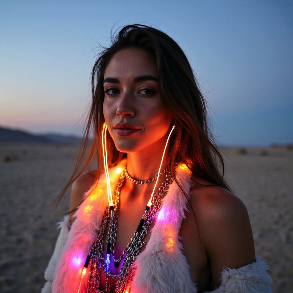 Portrait of a woman wearing luminous fiber-optic strands in her hair, glowing softly at dusk in the open desert, layered bohemian outfit, Burning Man vibe”