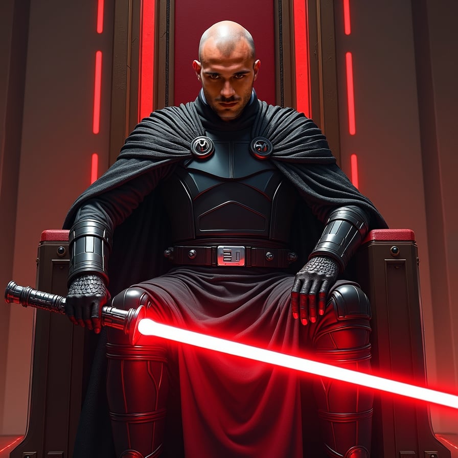 A male Sith Lord sits on a throne, facing the camera with an intense, fierce expression. Dressed in dark armor, he holds a red lightsaber across his lap, with shadows surrounding him. The red glow of lights in the chamber adds an ominous atmosphere.