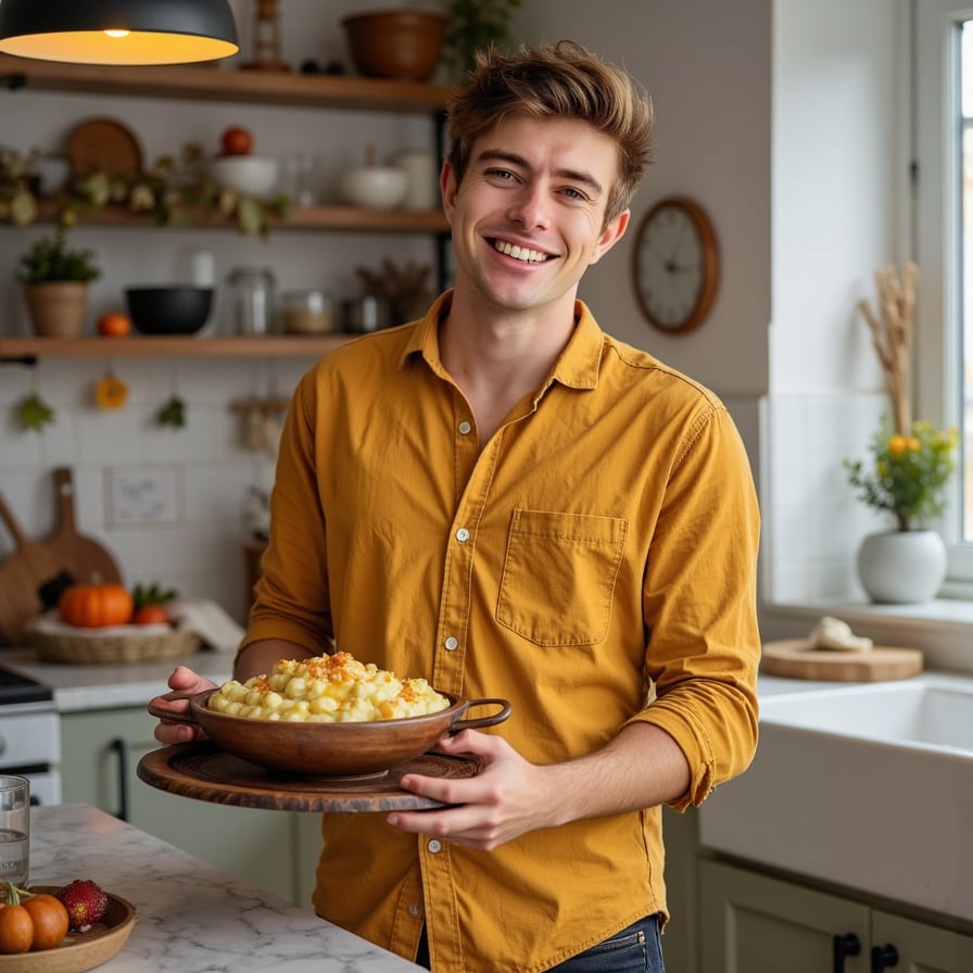 Highly realistic, highly detailed HDR image of a young Asian man (male, ~32 yrs) standing at a home kitchen island, waist-up, camera at slight side angle (~30°) from his left. He is wearing a mustard-yellow button-down flannel shirt with rolled-up sleeves and dark jeans (just barely visible), sleeves pushed up to forearms; his hair is dark brown, short on sides, slightly tousled top. Kitchen lighting: warm overhead pendant lights plus ambient daylight from a window behind the camera; soft highlights on his face and shirt. He is holding a carved-wood serving tray filled with mashed-potatoes-and-gravy bowl, slightly tilting forward as though offering it to someone. Facial detail: bright smile, teeth visible, light stubble, natural skin texture, warm brown eyes. Background: shallow depth of field blurs kitchen cabinets, a decorative pumpkin and autumn garland on the countertop behind; minimal clutter — a single glass of water and a linen napkin. Shirt fabric texture visible: flannel weave, rolled sleeves show wear. The image conveys friendly host, inviting Thanksgiving warmth.
