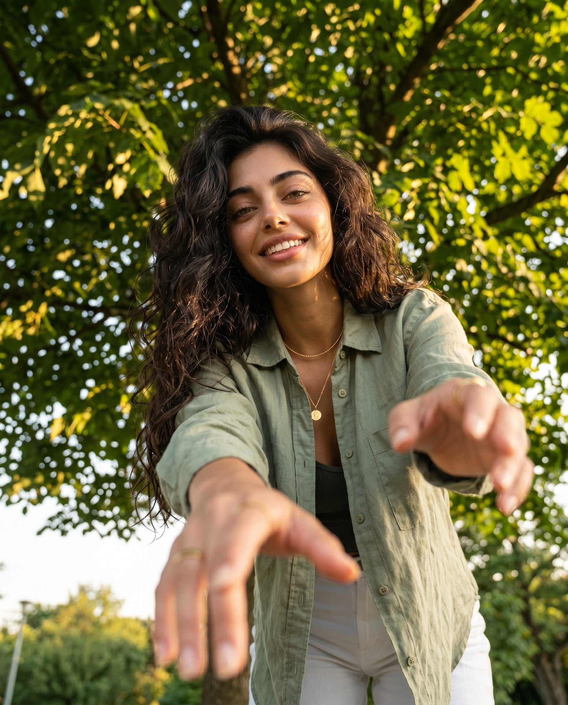 Ultra realistic cinematic outdoor portrait of [REFERENCE PERSON], preserve the exact facial identity, facial proportions, skin texture, eye shape, lips, hairstyle, and overall likeness from the reference image with extremely high identity fidelity and natural realism.

Scene composition should remain nearly identical to the original image: subject standing beneath a massive lush green tree canopy during bright natural daylight, sunlight filtering through dense leaves creating glowing highlights and natural bokeh, peaceful park-like outdoor environment with rich green tones and realistic depth.

Camera angle and framing: dramatic low-angle perspective shot from below, vertical composition, subject leaning slightly forward toward the camera with one hand extended outward as if reaching toward the viewer, relaxed confident facial expression while looking directly into camera.

Hair: naturally curly dark hair with realistic texture and volume, softly illuminated by sunlight from behind.

Outfit: casual elegant styling with an oversized sage-green linen button-up shirt layered over a dark inner top, paired with loose white linen pants, realistic fabric wrinkles and natural movement.

Lighting: strong natural daylight with realistic sun rays peeking through tree branches behind the subject, soft rim lighting around hair, cinematic contrast, natural skin highlights, realistic shadows from foliage.

Environment details: large tree branches spreading across the entire background canopy, bright green leaves, soft outdoor blur in distant background, natural summer atmosphere, editorial lifestyle aesthetic.

Photography style: ultra photorealistic DSLR portrait, 24mm wide-angle lens perspective, shallow depth of field, cinematic composition, realistic anatomy, detailed skin texture, fashion editorial photography, HDR natural lighting, premium outdoor realism.

Important: replace ONLY the person’s identity with the exact reference person while preserving the same tree background, low-angle camera perspective, pose, extended-hand composition, lighting style, clothing aesthetic, and overall framing from the original image.

Negative prompt: distorted anatomy, inaccurate identity, asymmetrical face, bad hands, extra fingers, blurry face, AI artifacts, CGI appearance, cartoon style, unrealistic skin, duplicate limbs, overprocessed image, low quality, bad perspective, deformed body, watermark, text.

Priority settings:

Identity accuracy: maximum
Background consistency: maximum
Perspective accuracy: maximum
Photorealism: maximum
Natural sunlight realism: maximum