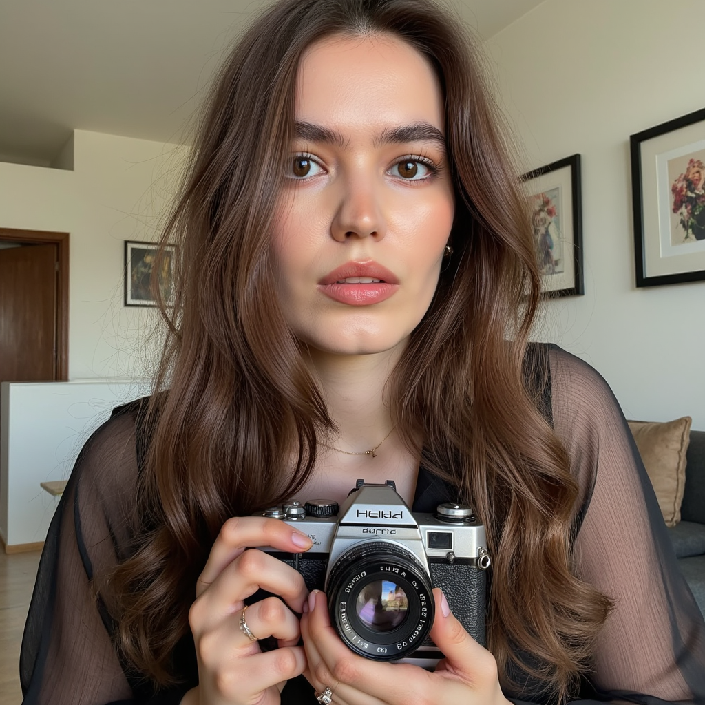 Portrait of a documentary-style photographer holding a camera with both hands, w