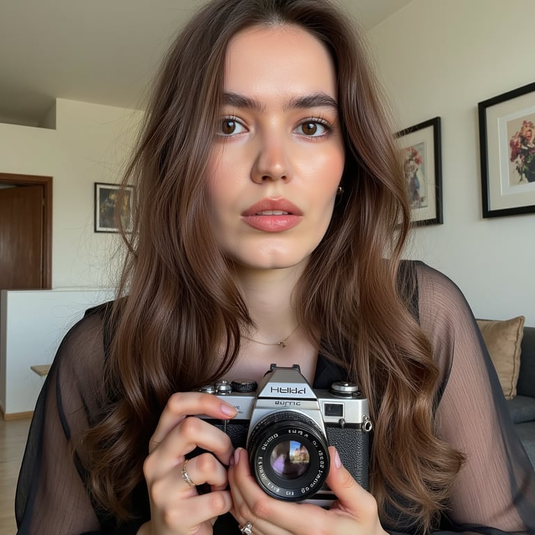 Portrait of a documentary-style photographer holding a camera with both hands, w
