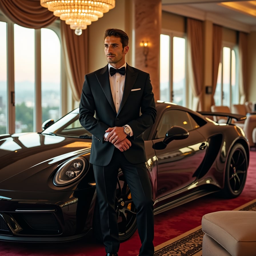 man in luxurious attire, adorned with expensive watch and cufflinks, standing in front of a sleek black sports car, with a mansion in the background, under warm sunset lighting.