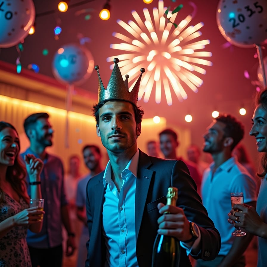 A man surrounded by friends, wearing a paper crown and laughing, holding a drink and looking directly into the camera amidst a lively house party decorated with streamers and balloons reading “2025.