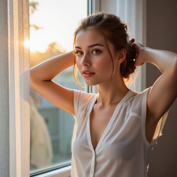 woman with open hair looking outside the window, evening sun rays entering from the window with white curtain, wide angle shot