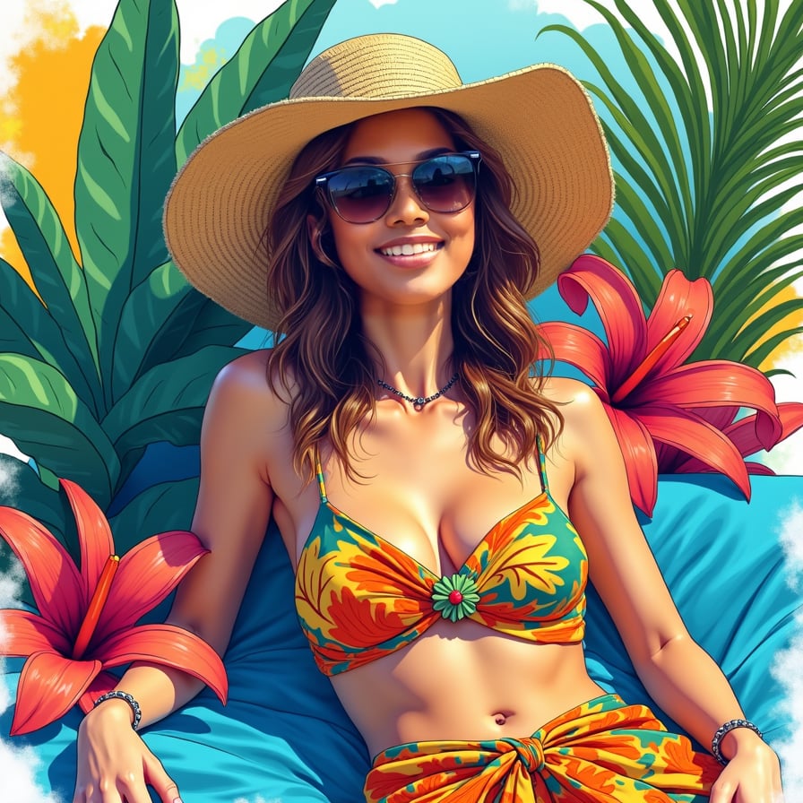 A fully coloured vibrant sketch of a woman lounging in a tropical paradise, surrounded by large, brightly colored palm leaves and exotic flowers. She wears a flowing, tropical-patterned sarong, her sun hat casting a soft shadow over her relaxed face. The sketch features vivid blues, greens, and yellows, with the bright sunlight creating high-contrast shading. The sketch style is loose and playful, with thick outlines and splashes of watercolor-like color filling the scene. 