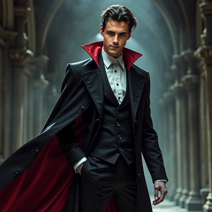 man with pale skin, dark circles under his eyes, sharp facial features, adorned in a long, black coat with a crimson lining, a white dress shirt with an upright collar, and black trousers, against a dimly lit, mysterious backdrop with hints of Gothic architecture.