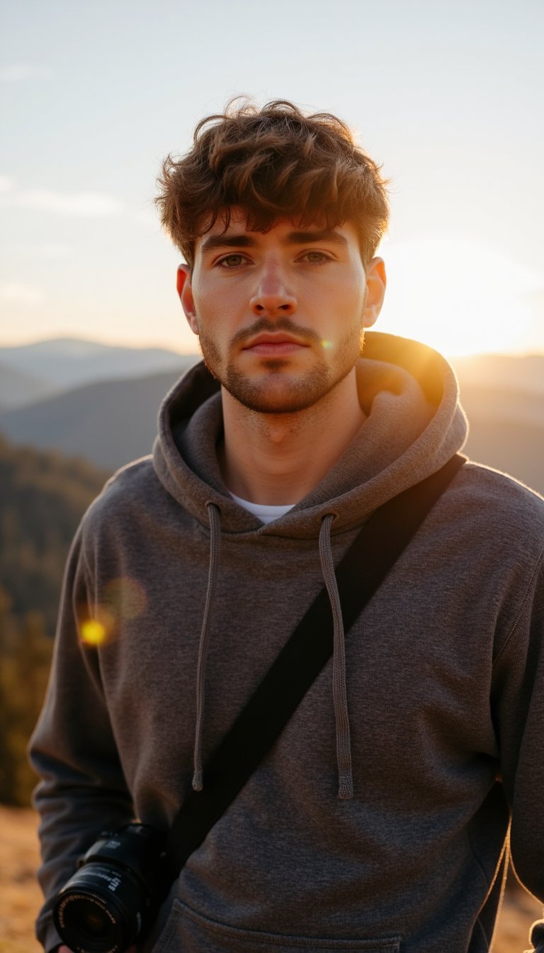 Waist-up shot of a man in a charcoal hoodie with a DSLR slung over his shoulder, standing at a mountain viewpoint during sunrise, golden rim light on his beard, clear eyes looking into the distance, crisp texture on clothing, hyperreal 4K detail, 16:9