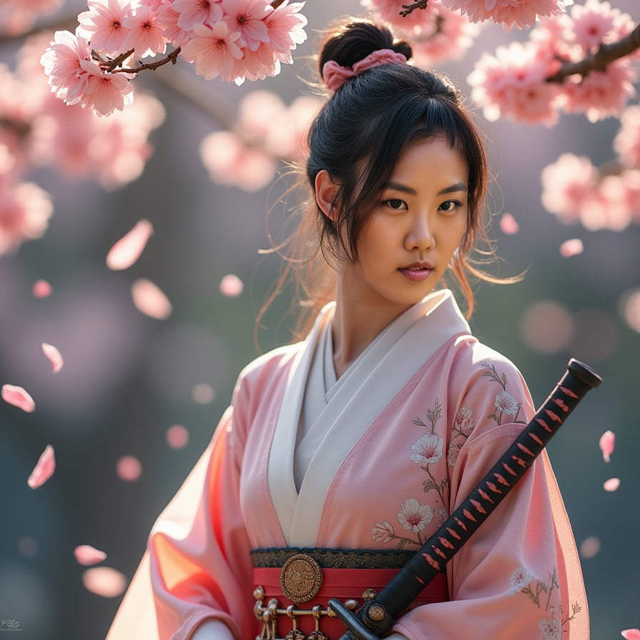 A fierce female samurai, dressed in ornate armor, stands beneath a sakura tree in full bloom. Her katana rests on her shoulder, and pink petals swirl around her as she gazes into the distance with a determined expression.