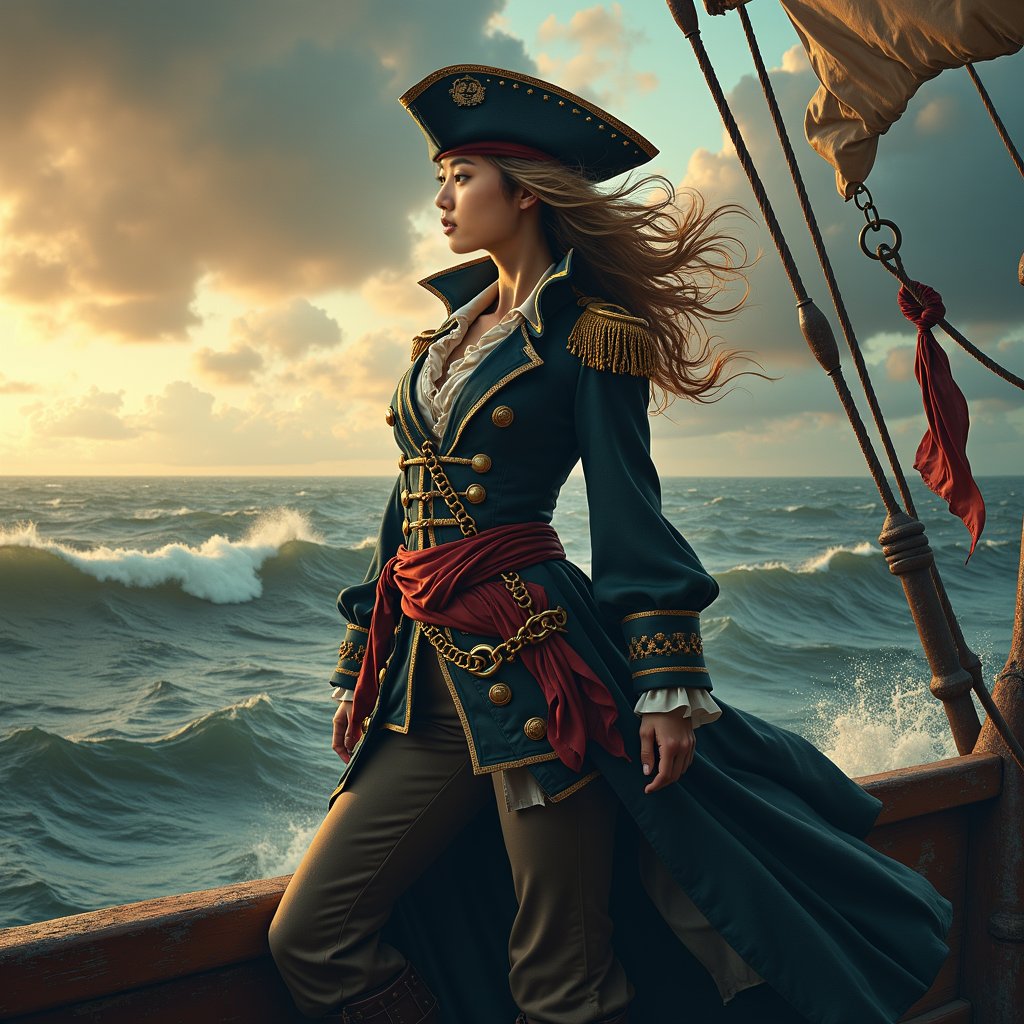 woman in pirate captain attire, adorned with gold epaulets and a tricorn hat, standing in a powerful stance on the bow of a weathered pirate ship, gazing out at the turbulent sea with a resolute and fearless expression, windswept hair and a billowing coat fluttering in the strong wind, dramatic stormy clouds and crashing waves in the background, warm golden lighting casting a sense of adventure and rugged determination.