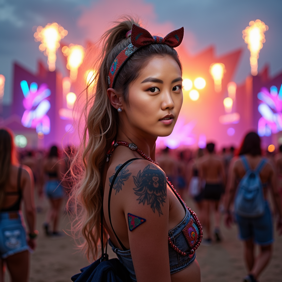 A young woman facing the camera at an outdoor music festival, dressed in bold, c