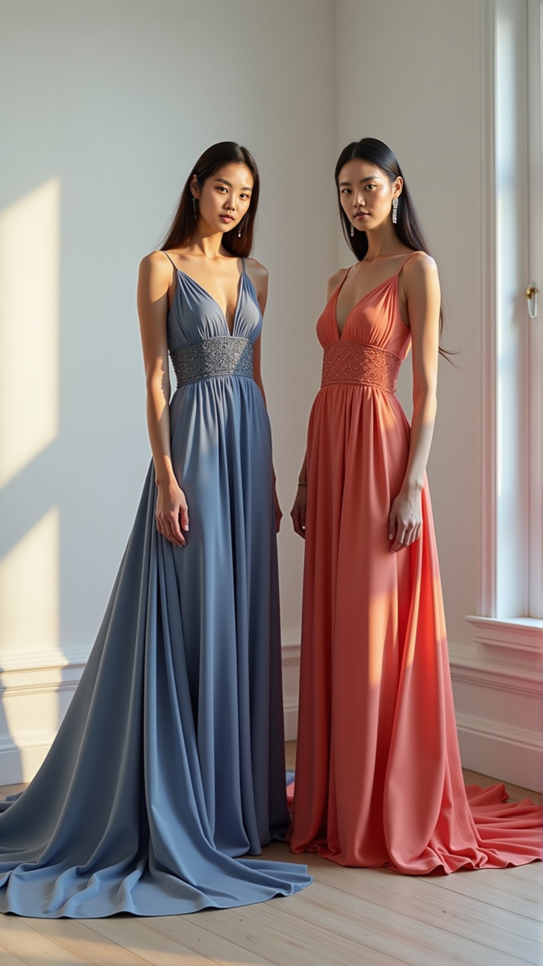 Stunning woman, multi-colored gown, plain wall, professional shot.