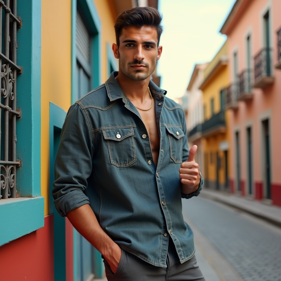 man with a fit body, donned in a stylish outfit, posing with confidence against 