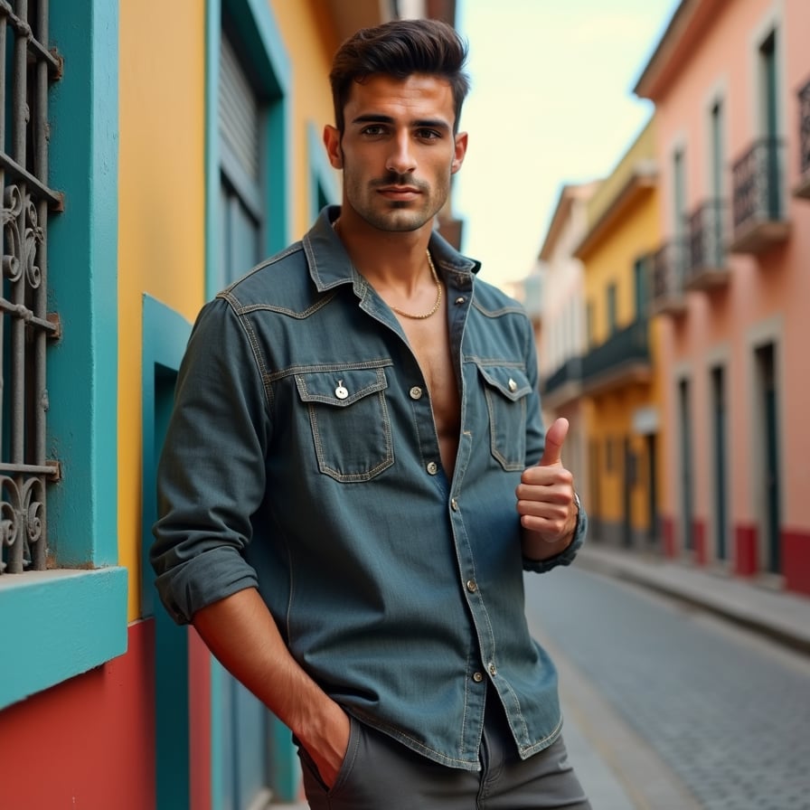 man with a fit body, donned in a stylish outfit, posing with confidence against a trendy urban backdrop, with a subtle smirk and a thumbs up, capturing the essence of a perfect social media post.