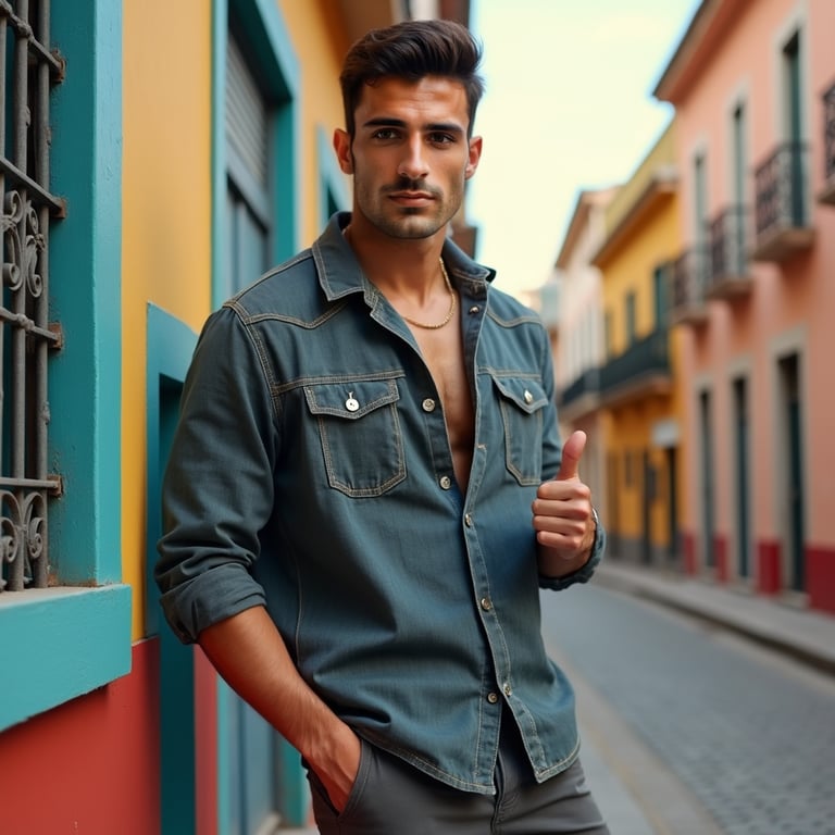 man with a fit body, donned in a stylish outfit, posing with confidence against 
