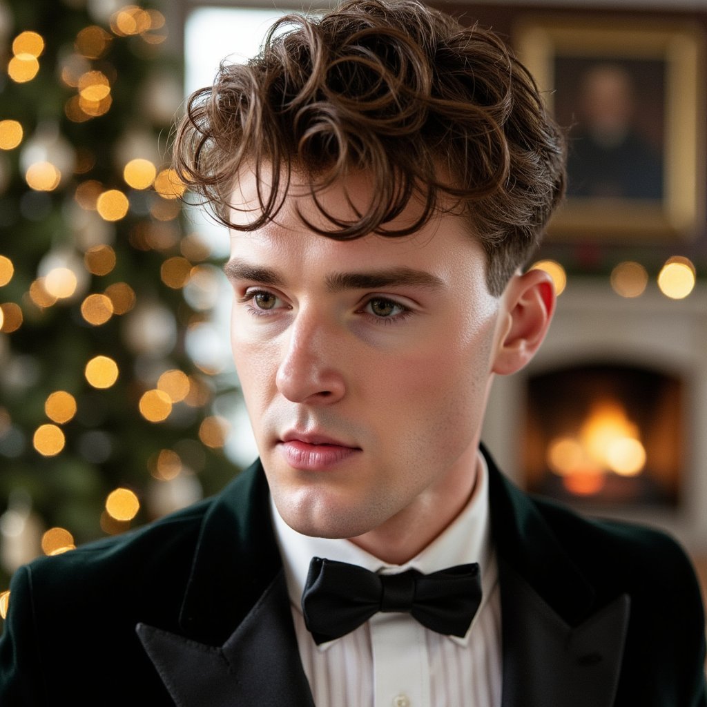 Headshot of a man in tuxedo (shawl-collar velvet dinner jacket, crisp pleated shirt, satin bow tie). Hairstyle: classic taper, slight quiff; clean shave. Fabric details: velvet nap, satin lapel reflection, micro-pleats. Camera: eye-level, 105mm macro-leaning portrait for extreme texture fidelity, f/2.0. Lighting: soft directional key (large softbox or window) + faint practical back glow from the tree for hairline separation. Background: blurred Christmas tree with crystal and glass ornaments, warm golden fairy lights; no extra props. Pose: chin slightly down, eyes centered, confident but soft gaze. Render: highly detailed, highly realistic, HDR; precise lapel edge and shirt pleat definition; natural skin pores.