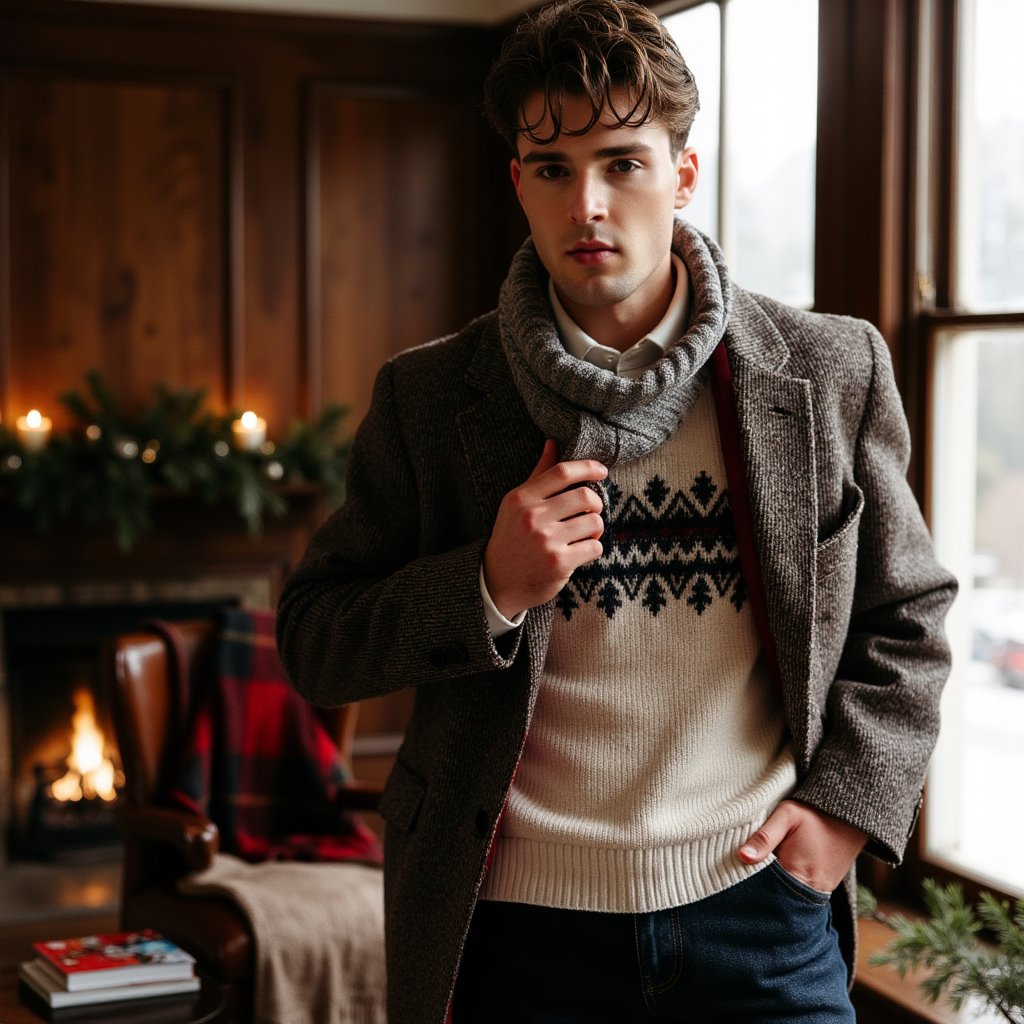 Man standing near a mullioned window, body angled 30° from camera, eyes to lens, calm expression. Hairstyle: side-part with light pomade, neatly trimmed beard. Attire: heritage Fair Isle wool sweater layered over an Oxford shirt; tweed sport coat draped over shoulders; wool scarf loosely looped. Fabric details: jacquard knit definition, tweed herringbone, oxford weave. Camera: slightly above eye-level, 50mm, f/2.2. Lighting: cool daylight key through window + warm bounce from room for mixed-temperature holiday glow. Background: blurred evergreen boughs, leather-bound books, subtle tartan throw on a chair; minimal objects, no clutter. Pose: one hand lightly touching scarf edge. Render: highly detailed, highly realistic, HDR; crisp knit pattern; lifelike eye catchlights.