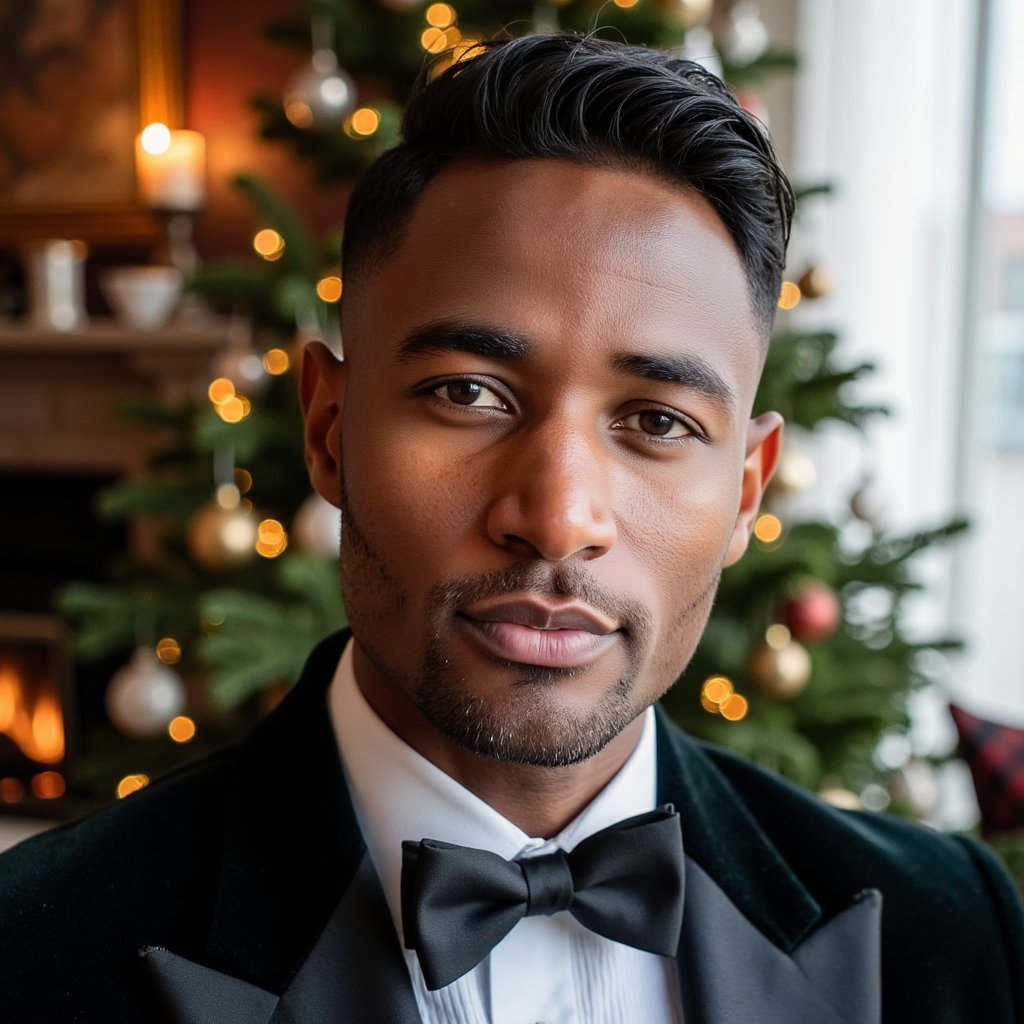Close crop of a man in tuxedo (shawl-collar velvet dinner jacket, crisp pleated shirt, satin bow tie). Hairstyle: classic taper, slight quiff; clean shave. Fabric details: velvet nap, satin lapel reflection, micro-pleats. Camera: eye-level, 105mm macro-leaning portrait for extreme texture fidelity, f/2.0. Lighting: soft directional key (large softbox or window) + faint practical back glow from the tree for hairline separation. Background: blurred Christmas tree with crystal and glass ornaments, warm golden fairy lights; no extra props. Pose: chin slightly down, eyes centered, confident but soft gaze. Render: highly detailed, highly realistic, HDR; precise lapel edge and shirt pleat definition; natural skin pores.