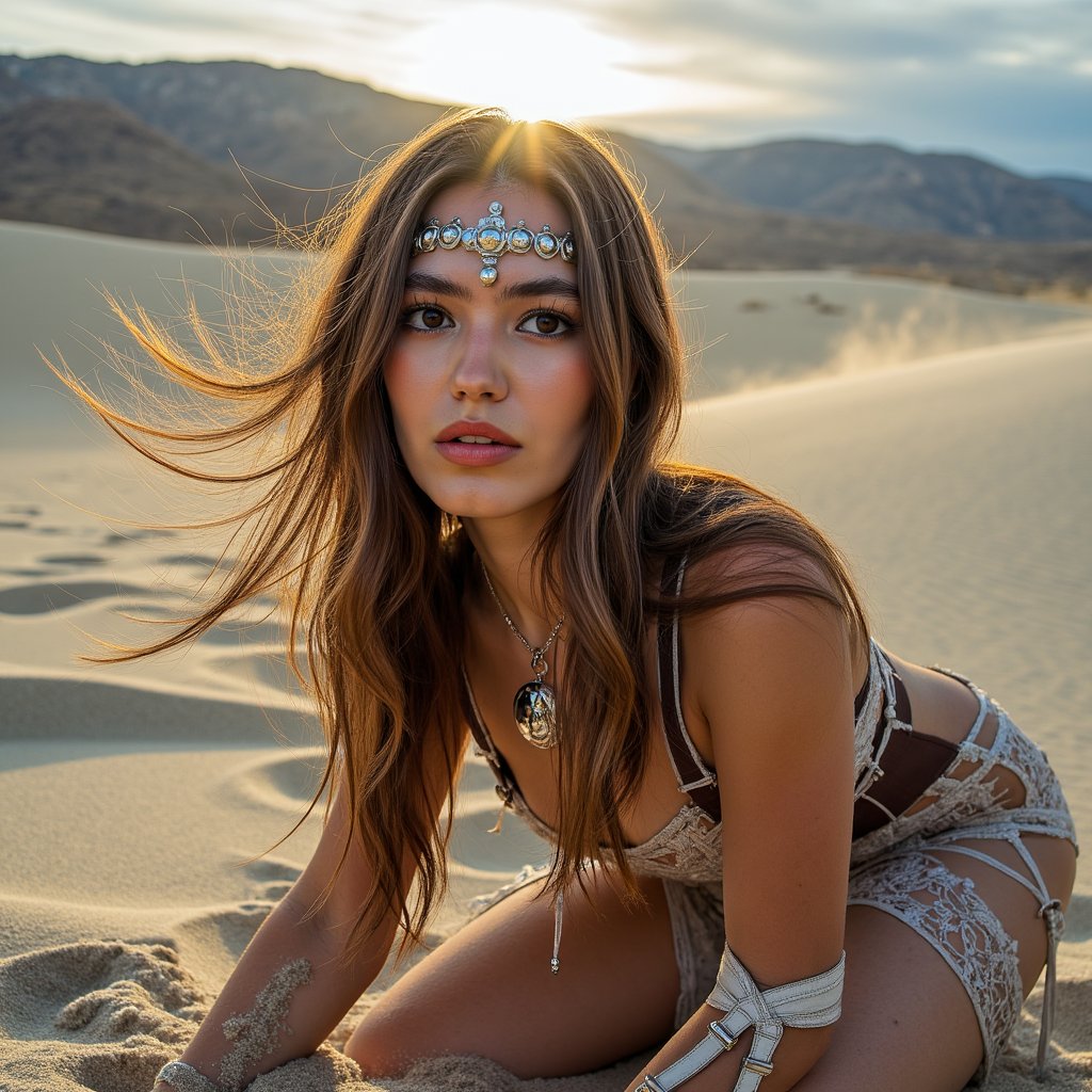 Knee-up portrait of a performer in tribal fusion costume, sand swirling in background, expressive pose, leather harness and metallic accents, Burning Man 2025 theme