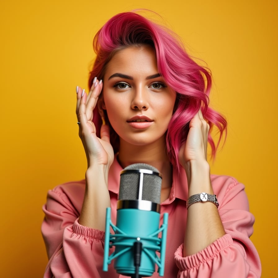 Generate a lively and eye-catching headshot of a woman with a big smile or an expressive, surprised look. She is styled in casual or trendy clothing, against a bright, high-contrast background. The image should exude energy and approachability, perfect for grabbing attention in thumbnails