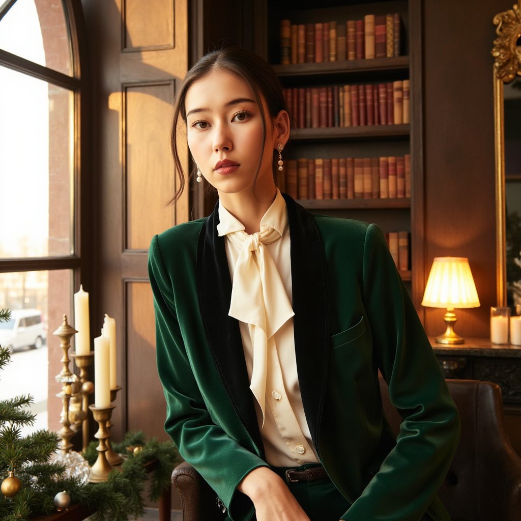 A refined woman by a tall arched window, bathed in warm golden-hour sunlight; soft shadows contour her face. Hairstyle: side-parted, soft low curls tucked behind one ear. Attire: cream silk blouse with a high neck bow, deep forest-green velvet blazer. Fabric details: lustrous silk sheen, subtle velvet texture catching light at lapels. Camera: eye-level, 85mm, f/1.6 for smooth background blur. Lighting: warm sun rim through window glass + faint ambient fill from the room. Background: blurred library shelves with aged books, a small brass lamp, subtle festive garland; minimal elements. Pose: chin slightly lifted, relaxed confidence. Render: highly detailed, highly realistic, HDR; visible hair strands, fabric grain, skin pores.