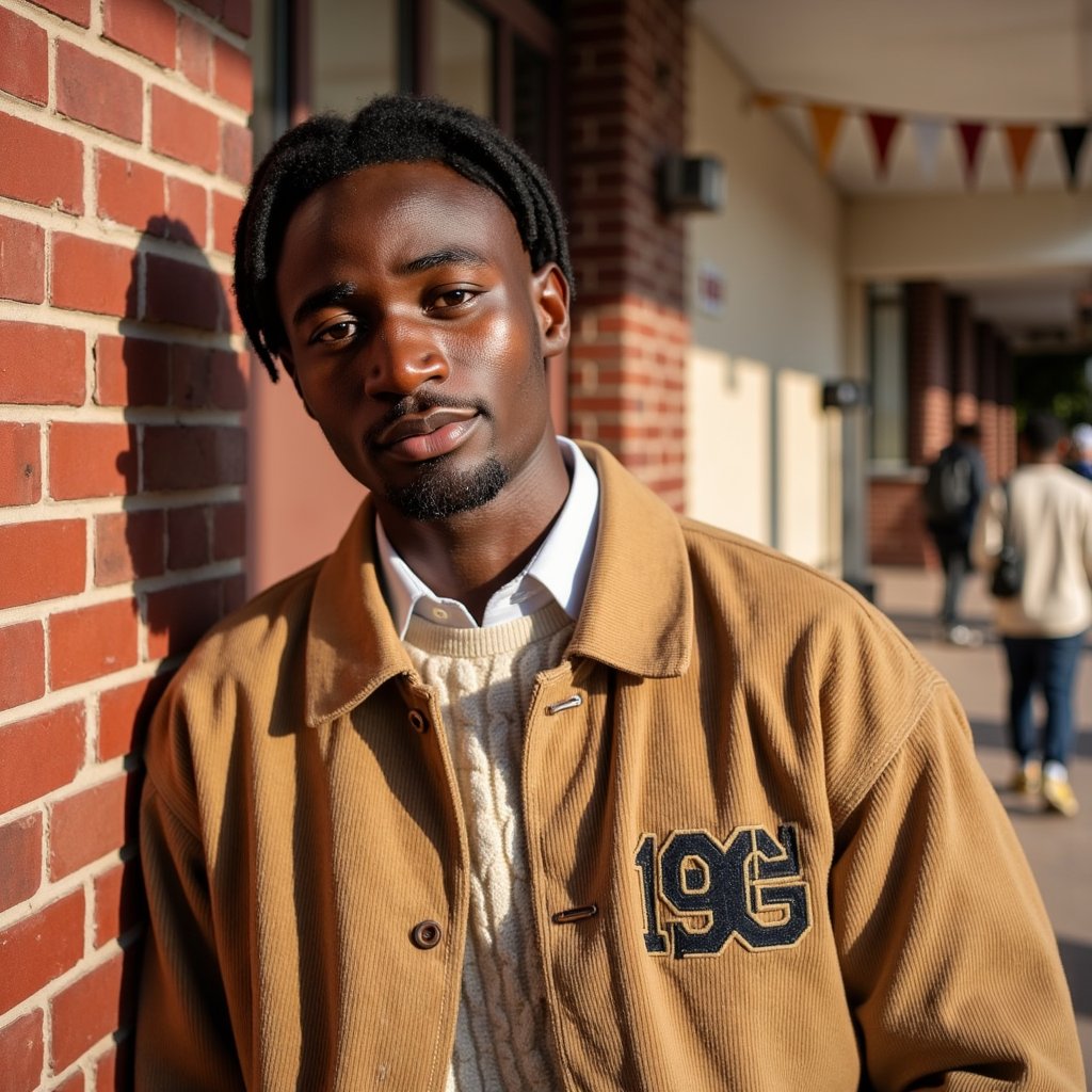 1960s high school student leaning against a red brick wall, shot from mid-thigh up with a 70mm lens. He wears a camel-colored corduroy jacket with visible wale texture and slight wear at the cuffs, layered over a cream cable-knit sweater and white collared shirt. The sweater’s knit loops are highly detailed, with fine wool fuzz visible in HDR clarity. His dark hair is styled in a neat side part with soft waves, individual strands catching sunlight. Expression is thoughtful, lips gently closed, gaze angled off-frame. His skin tone is warm with a faint tan line at the forehead. Afternoon sunlight casts strong side shadows along the brick texture, while the far background is blurred to creamy bokeh, showing only vague hints of a schoolyard.