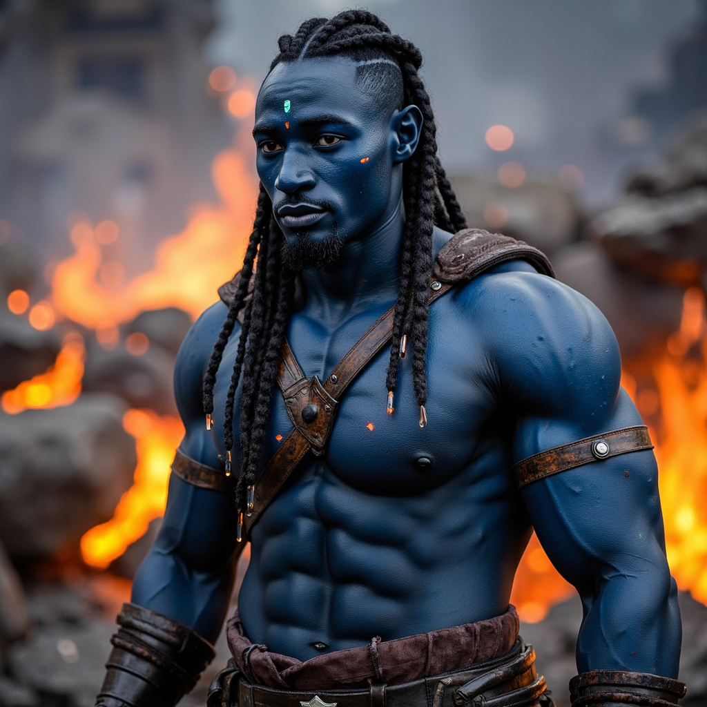 A powerful male warrior inspired by a fire-and-ash fantasy world, standing in a 