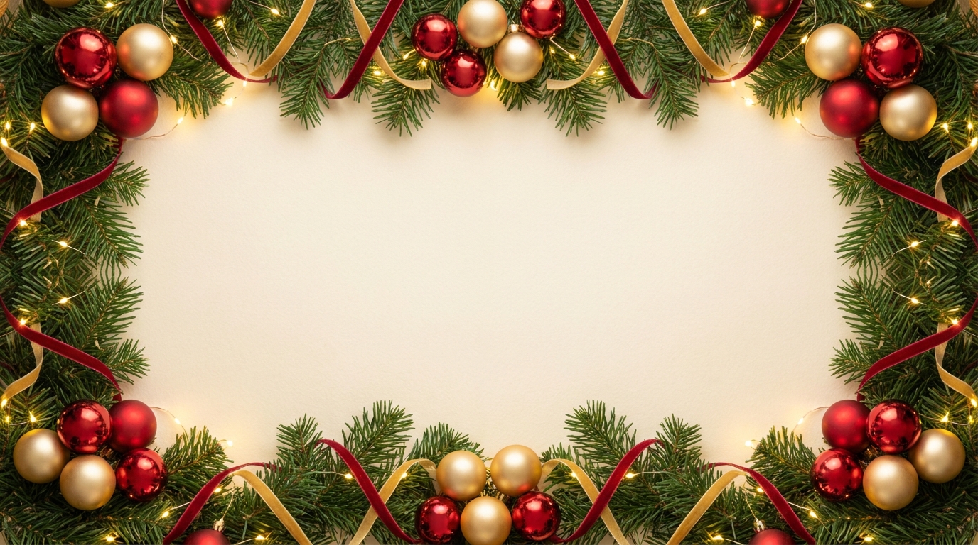 Christmas card design framed with ornaments, pine branches, and ribbon