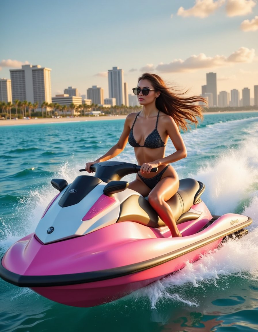 A woman sprinting barefoot along a pastel-toned Miami boardwalk during golden hour, waves crashing at high tide just behind her, her silhouette glowing in the sun