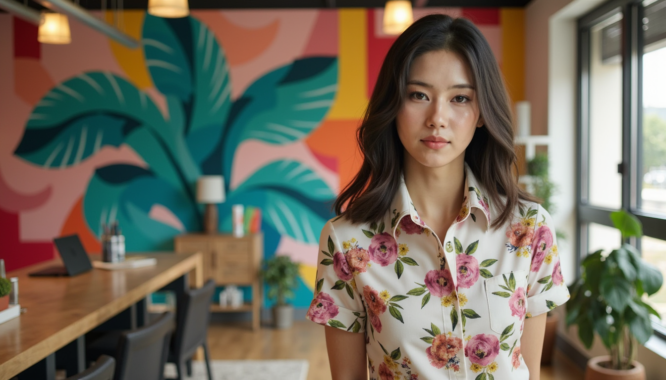 waist up close up of a woman having flowers on her shirt